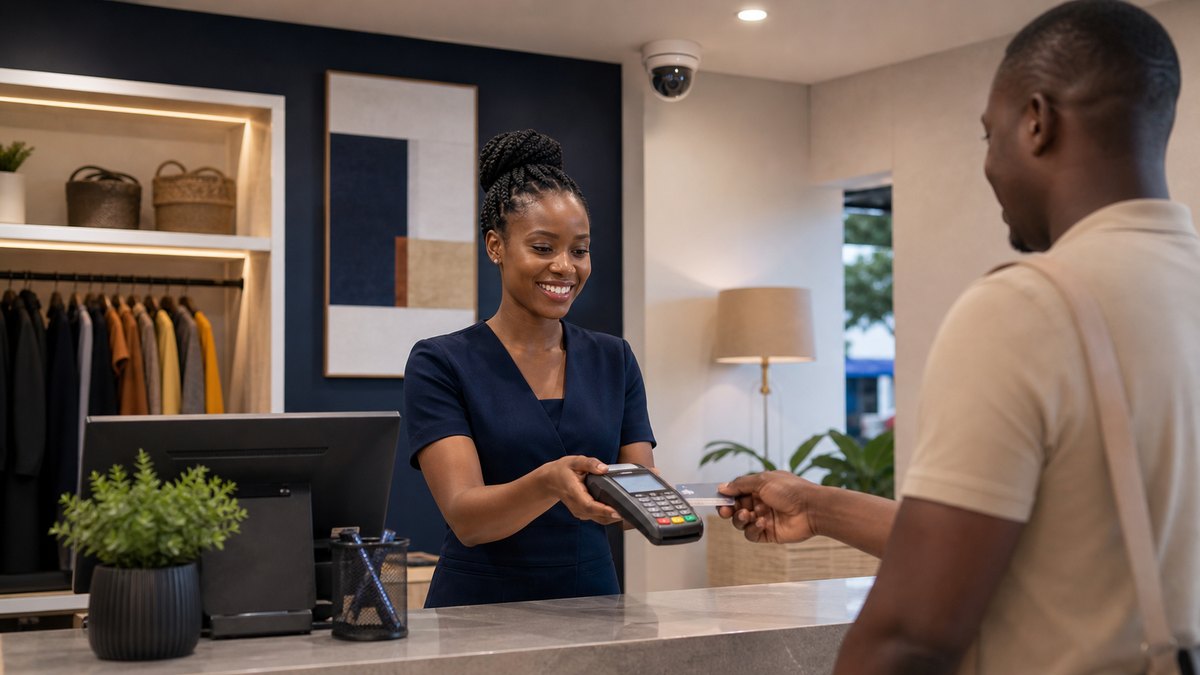 CCTV camera positioned to monitor a POS payment transaction at a business counter
