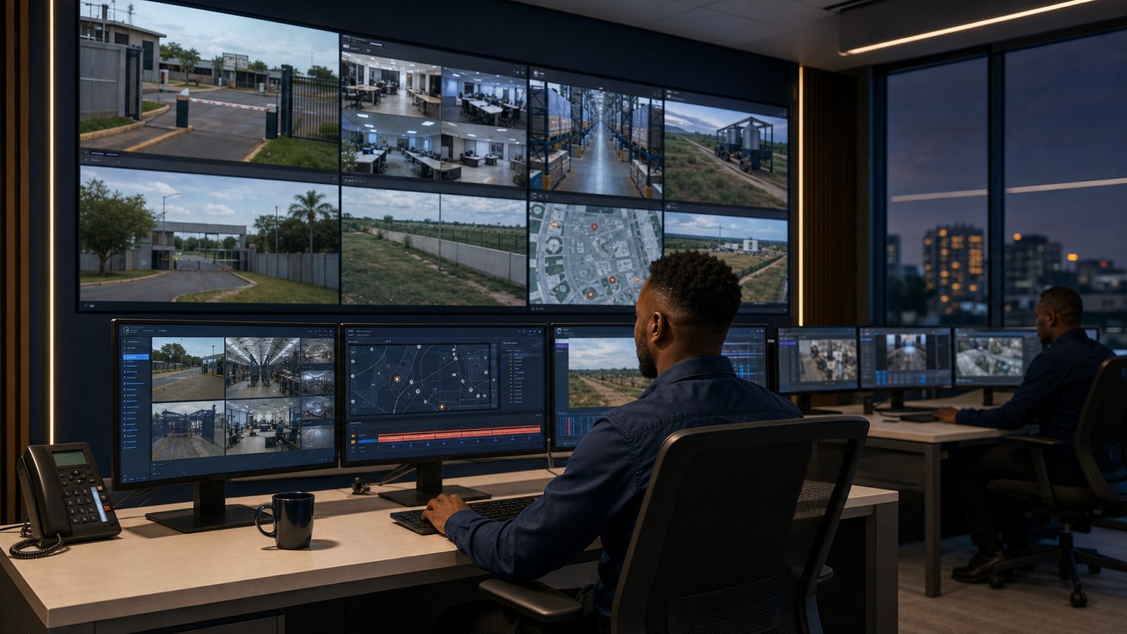 Enterprise CCTV monitoring control room with VMS software screens