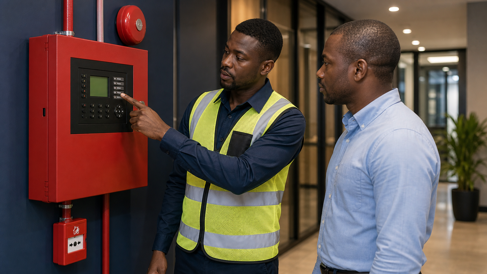 Keystone Technologies technician showing a client how to operate an addressable fire alarm panel