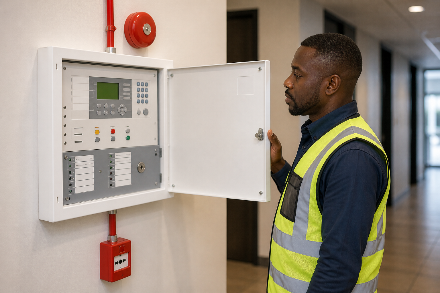 Technician opening a fire alarm panel for inspection and maintenance