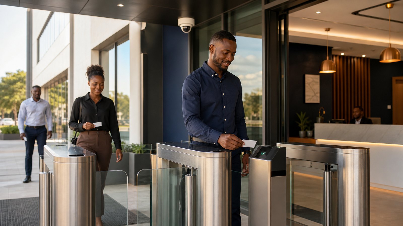Zambian professionals using access control turnstiles at a secure building entrance
