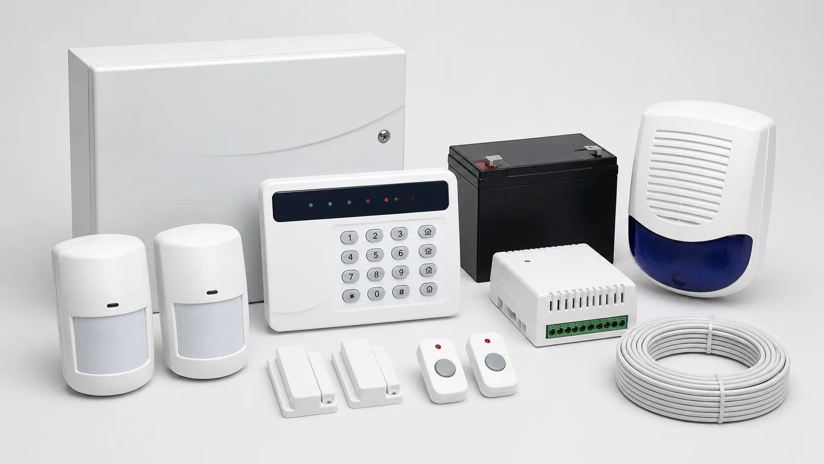 Intruder alarm kit with keypad, sensors, siren, backup battery and cable