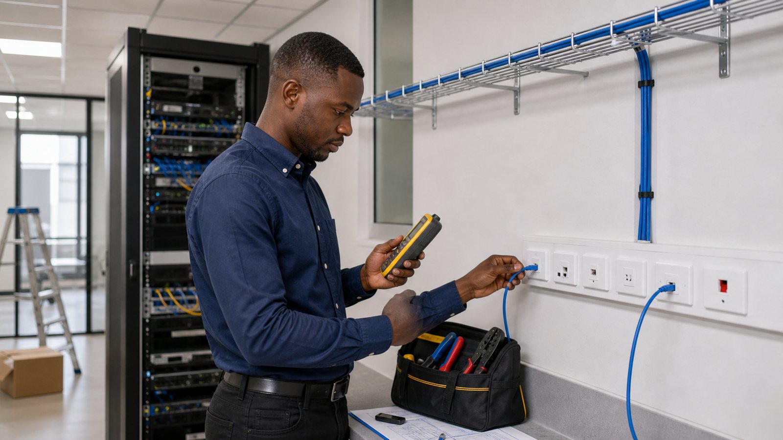 Technician testing structured cabling at network outlets