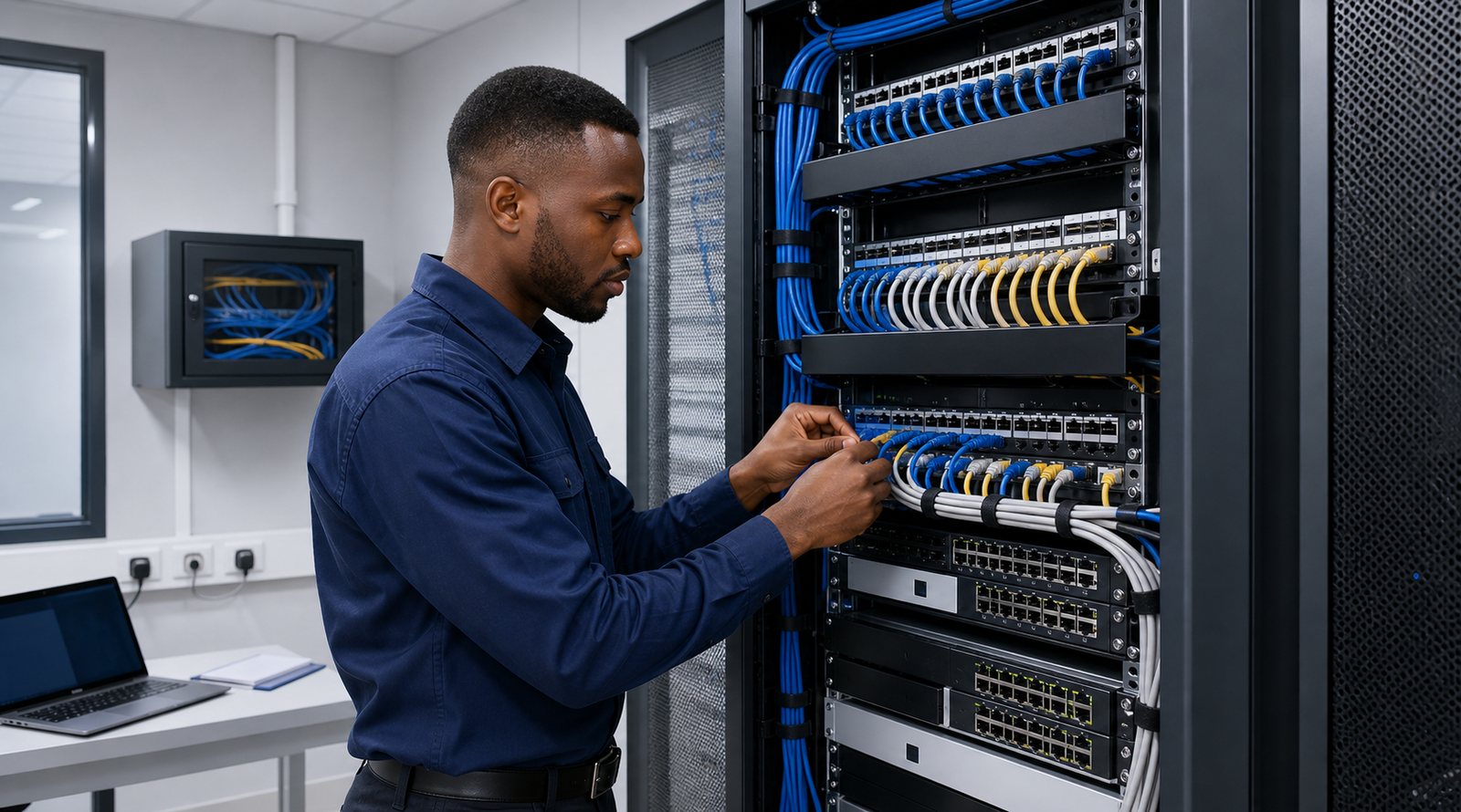 Technician arranging structured cabling inside a network rack
